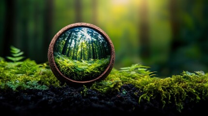 Forest Reflection in a Lensball on a Mossy Forest Floor