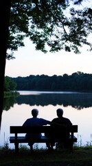 A serene lakeside scene featuring two people sitting on a bench, enjoying nature together.