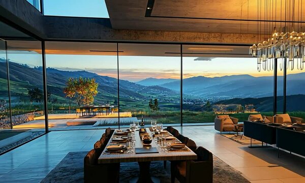 Innovative chandelier in a high-tech home on a high plateau, with smart glass walls and an automated rooftop garden, overlooking a picturesque valley with rolling hills