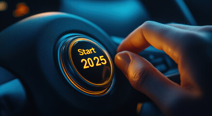 Goal Resolution concept. close up of hand pushing start button in car interior
