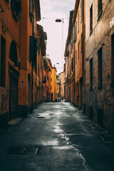 Wet street in bologna, italy with old buildings, graffiti, and puddles, reflecting european history and italian culture. Deserted alleyways exude quiet, moody atmosphere in emilia romagna