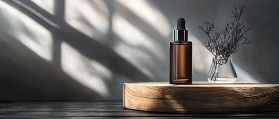Natural skincare bottle with dried plant in soft shadow light.
