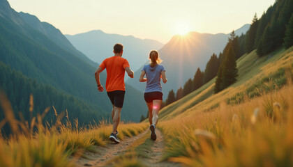 Obraz premium Couple Running Through Scenic Mountain Trail at Sunrise