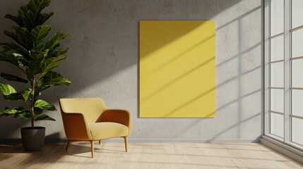 Goal Resolution concept. bright yellow poster board in modern room with cozy chair and plant