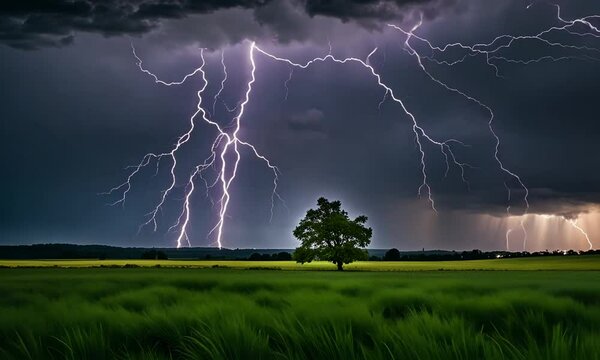 A single tree stands tall in a field as lightning strikes in the distance during a storm.
