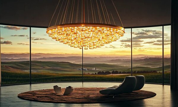 Futuristic chandelier in a sleek glass-walled living room overlooking a rugged coastal cliff with crashing waves below