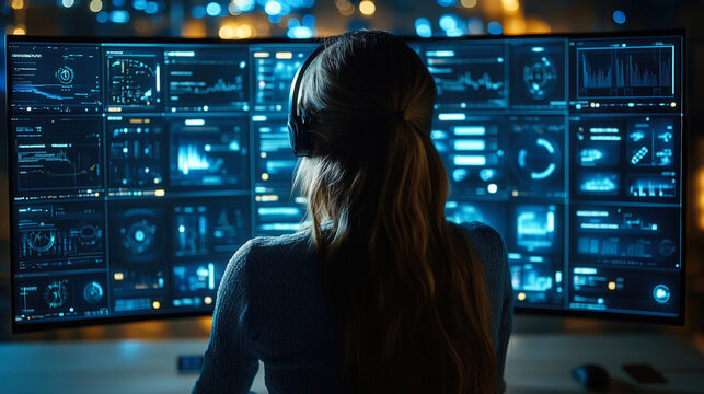 System administrator wearing headphones analyzing real-time data on multiple computer screens, working late at night in a modern office