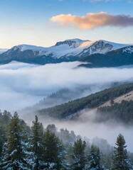 Obraz premium Rolling Fog Over a Quiet Mountain Valley, Surrounded by Snow-Capped Peaks and Dense Pine Forests, Creating a Mysterious Atmosphere as the First Light of Dawn Breaks