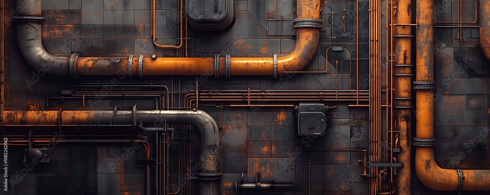 Poster industrial pipes and structures with a weathered appearance and rust.