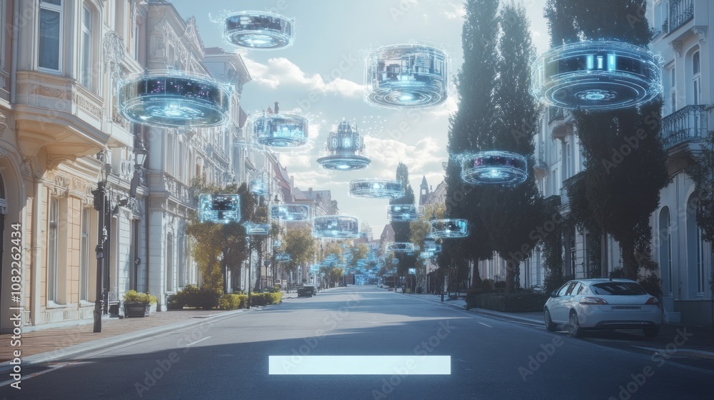 Poster a futuristic street scene with hovering drones and advanced technology elements.