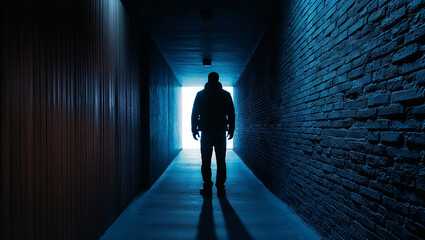 Silhouette in a blue-lit hallway creates mysterious atmosphere