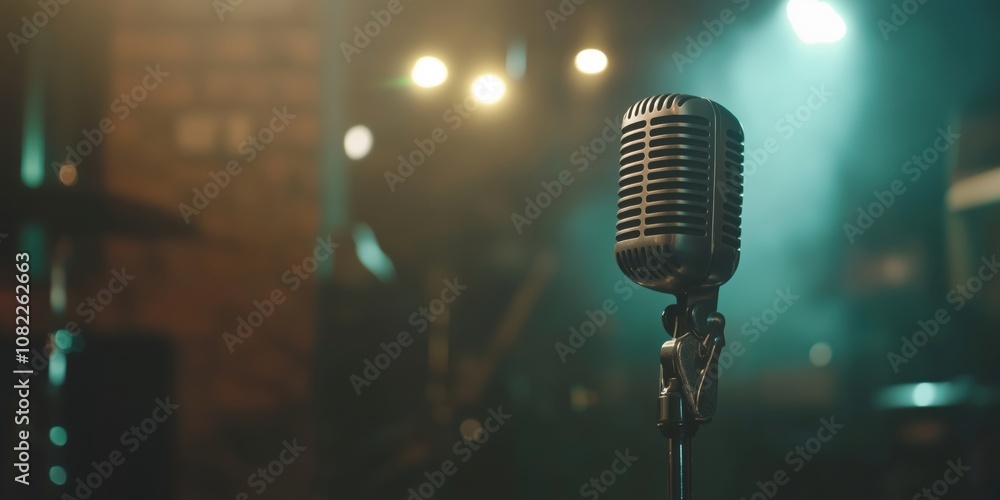 Poster vintage microphone on stage, illuminated by soft lights, creating an atmospheric music setting