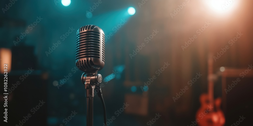Poster vintage microphone on stage, illuminated by soft lights, background instruments visible, creating a 