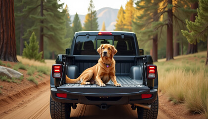Golden Retriever in a Pickup Truck, Scenic Forest Adventure