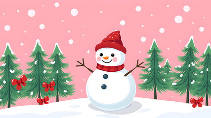 Christmas snowman on pink background. cute snowman in christmas snowy nature. vector cartoon illustration. Generative AI