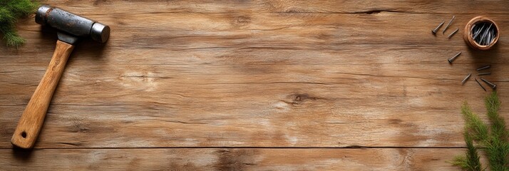 Rustic wooden workbench with hammer and nails displaying natural grain texture for artisan projects