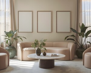 A stylish, elegant living room with a beige, overstuffed sofa, a round marble coffee table, green plants in ceramic pots, and three blank art frames on the wall, illuminated by natural light filtering