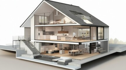A house design that's been cut open, showing the inside. It's a 3D drawing.