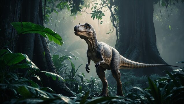 Raptor monster predator reptile, scary big raptor ,  dangerous giant lizard in the wild.  scary dinosaur. Raptor in the jungle