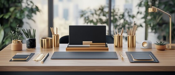 Elegant office desk setup with gold accessories and plants.