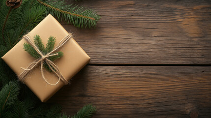 A beautifully wrapped gift box on a rustic wooden table with evergreen branches, perfect for a festive greeting or occasion
