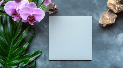 Obraz premium A white card with a purple flower on it sits on a table