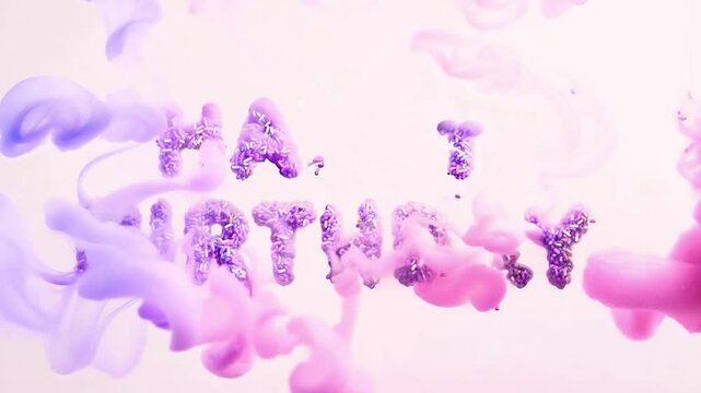 An animated lettering of the word Happy Birthday with lots of bright colors and particles.