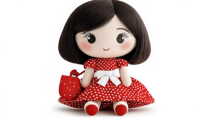 Adorable plush doll in red polka dot dress holding matching purse