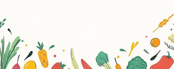 A colorful illustration of various vegetables and fruits arranged artistically.