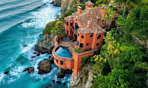 Mediterranean mansion on a steep coastal slope, with ornate stucco and terracotta accents, featuring a breathtaking view of a lush coastal cliff with crashing waves