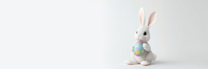 Obraz premium Cute Easter bunny rabbit holding decorated egg on neutral gray background, bunny, Easter