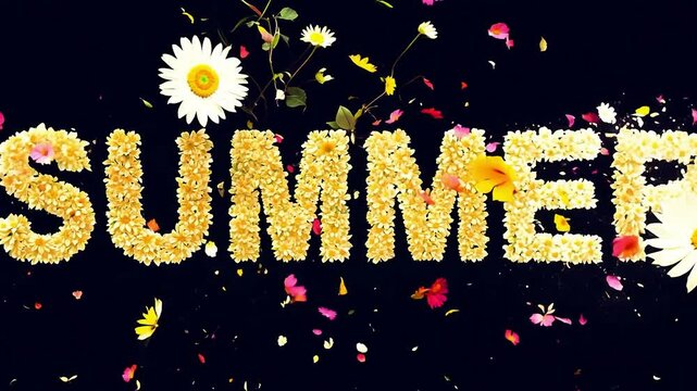 An animated lettering of the word Summer as a background consisting of an explosion of flowers and plants.