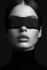 Woman with blindfolded eyes and black choke on her face