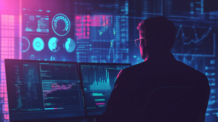 Owner analyzing intricate AI-generated graphs while sitting at dual monitors in a modern data analysis workspace