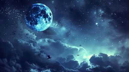 Obraz premium A serene full moon illuminating a calm lake at midnight.