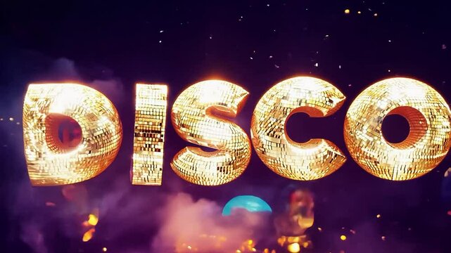 An animated lettering of the word disco made of animated lights and mirrors in an 80s look.