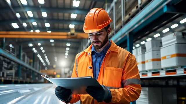A worker in an orange safety jacket and helmet inspects production paperwork in a well-lit industrial facility during daytime hours