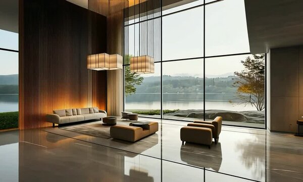 Modern hotel lobby with minimalist design, clean lines, and a view of a tranquil lake