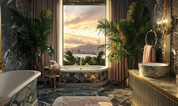 Hollywood Glam bathroom with luxurious finishes, opulent details, and a view of a scenic mountain range