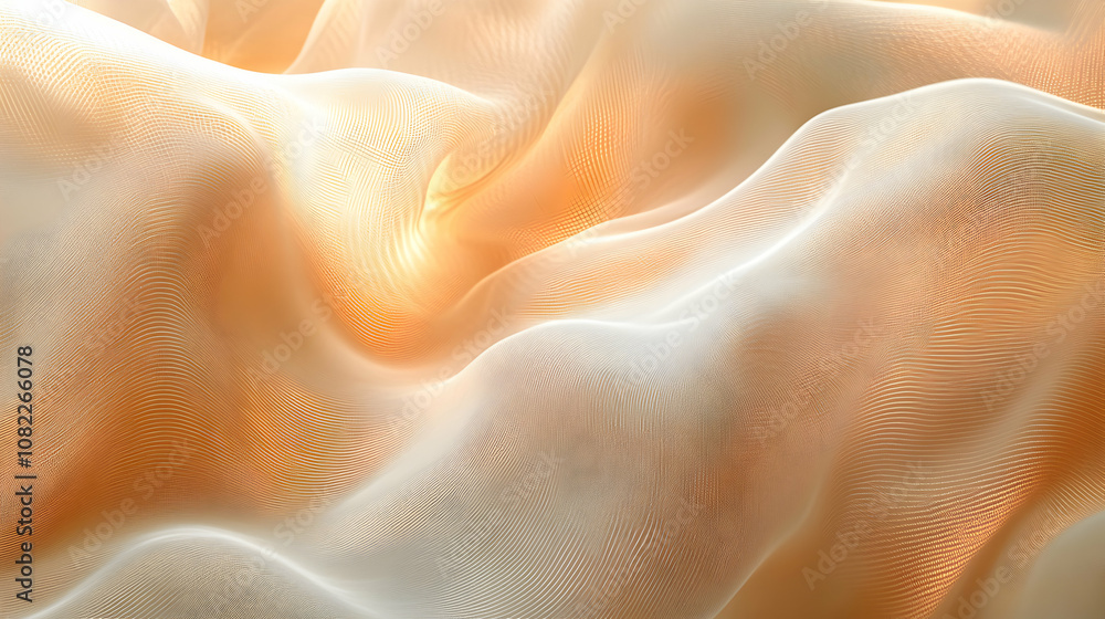Poster abstract 3d render of golden beige fabric draped elegantly, showing a textured, wave-like pattern wi