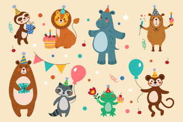 Fototapeta premium Birthday party. Happy cartoon animals. Cute bear and monkey with festive hats and balloons. Funny lion and raccoon celebrating kids anniversary. Children holiday. Vector tidy childish characters set