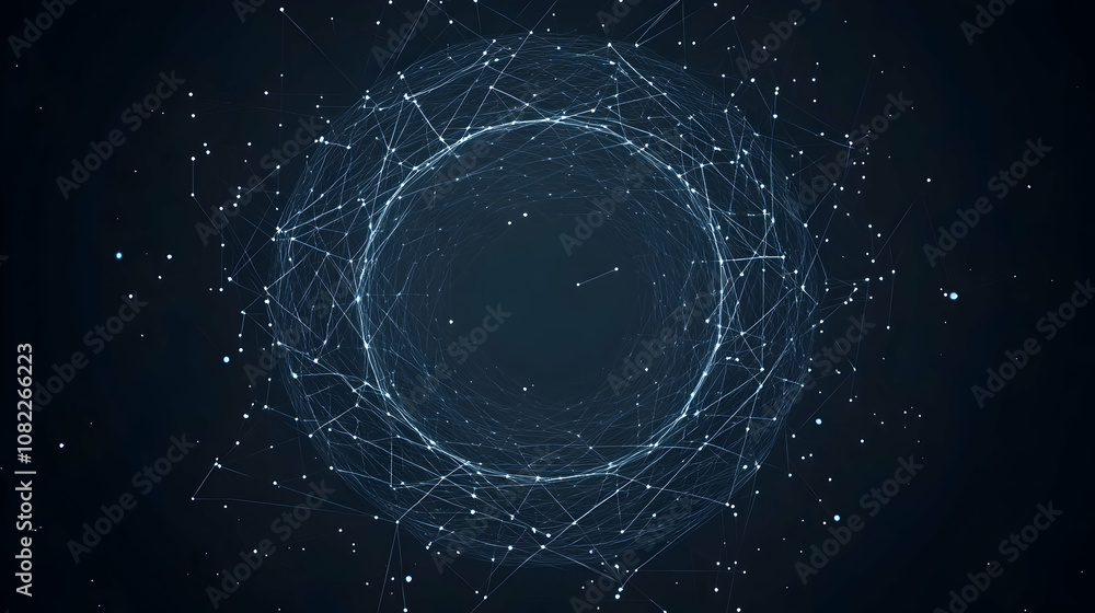 Poster abstract 3d sphere: network of connected points forming a glowing ring in dark space, futuristic dig