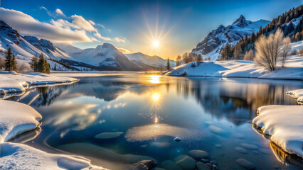 Stunning winter lake landscape with sunrise reflection, peaceful atmosphere, serene mountainscape