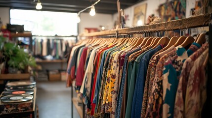 A clothing rack filled with colorful and patterned shirts in a small boutique.