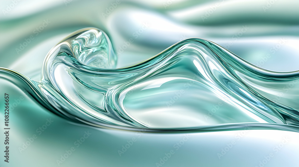Poster abstract 3d render of flowing teal liquid, creating a smooth, wave-like pattern with reflective surf