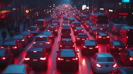 A long line of cars stopped in a city traffic jam at night.