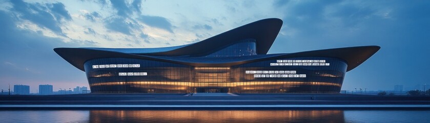 A modern architectural building with a flowing design, illuminated at dusk.