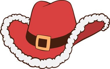 Red Christmas cowboy hat hand drawn illustration with Santa coat white fluffy fur trim, black belt and gold buckle