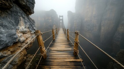 A foggy wooden bridge stretches over a chasm, creating a mysterious and adventurous atmosphere.