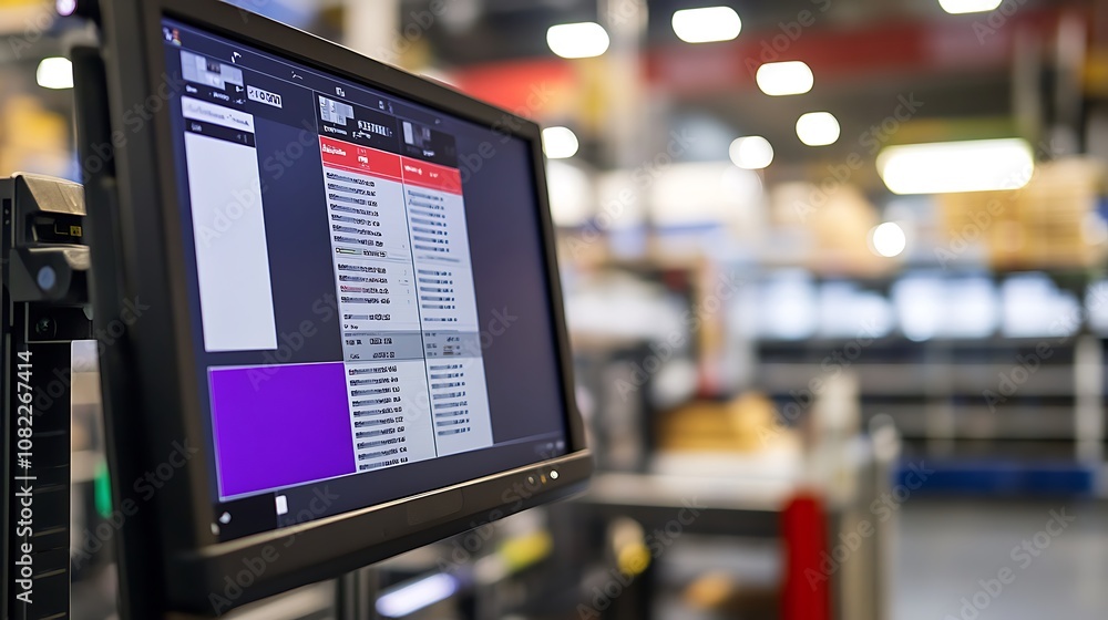 Poster a computer monitor displaying data in a warehouse setting.
